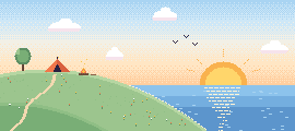 Pixelbild: ein Zelt mit Lagerfeuer auf einem Hügel, dahinter geht die Sonne über dem Meer auf.